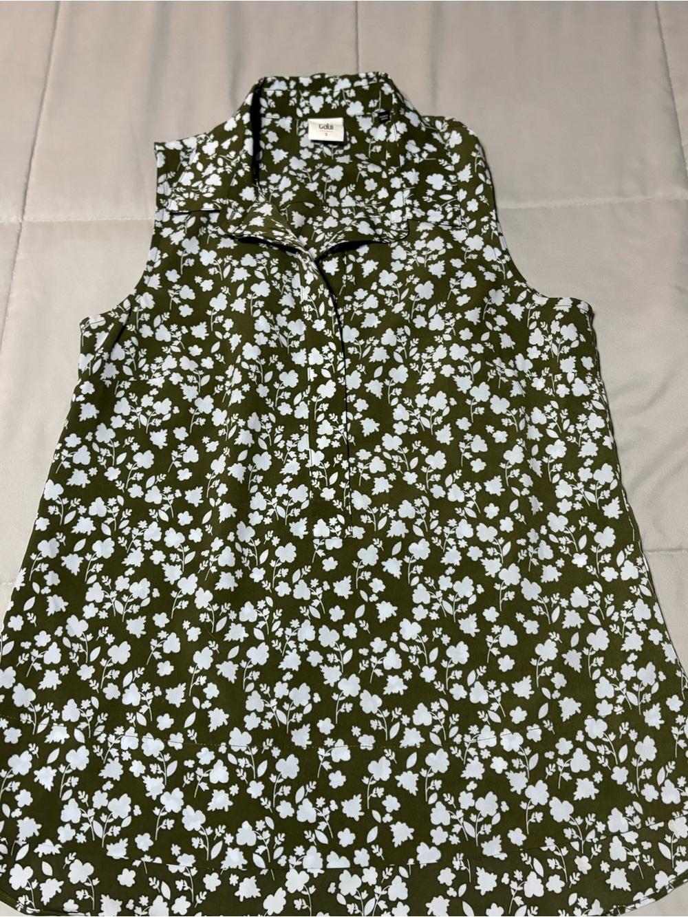 CAbi Olive Green and Pale Blue Floral Collared Sleeveless Camisole